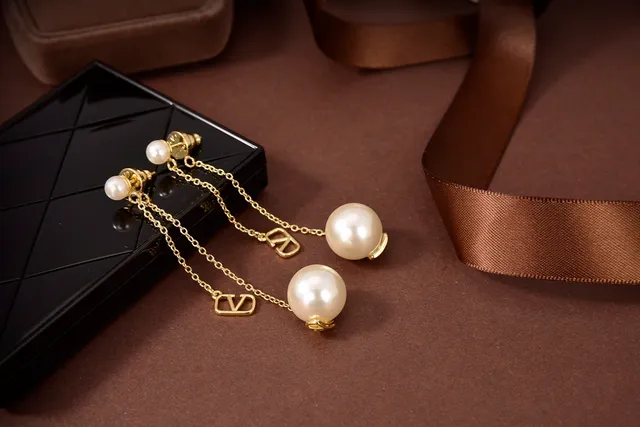 Valentino VLogo Pearl Drop Gold Chain Earrings