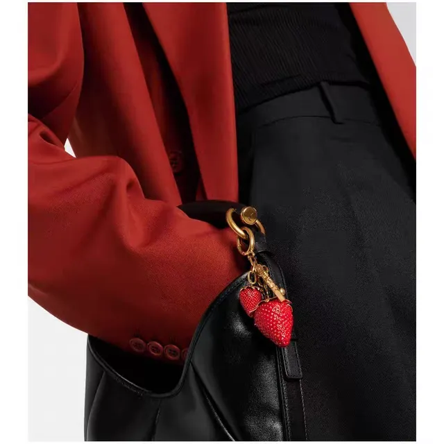 Saint Laurent Strawberry Keychain Red Gold Resin Charms Metal YSL Monogram Bracelet