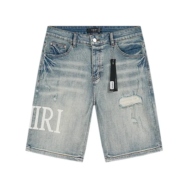 Amiri Logo-Print Distressed Light-Wash Denim Shorts