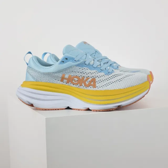 Hoka Blue Yellow Engineered Mesh Upper Stacked Midsole Running Shoes