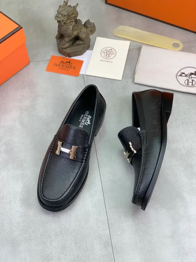 Hermès Oran Loafer Black Textured Leather H-Buckle Loafer