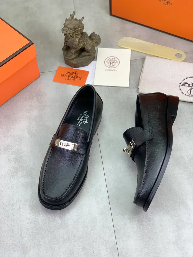 Hermès Oran Loafer Black Saffiano Leather Metal Strap Loafer
