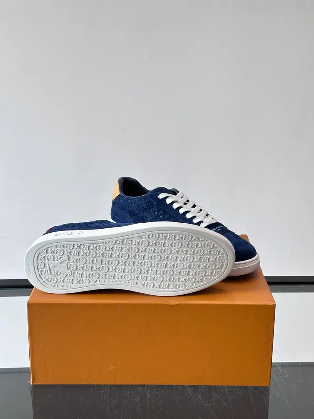 Louis Vuitton LV Trainer Navy Beige Monogrammed Suede Tan Heel Tab Lifestyle Sneakers