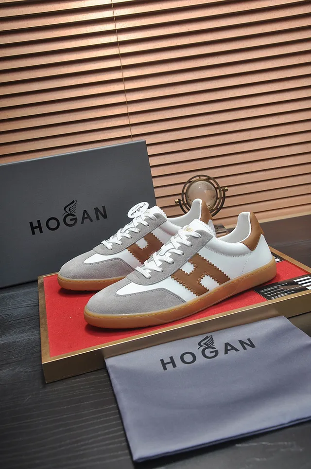 Hogan White Brown Mixed-Material Upper Gum Sole Lifestyle Sneakers