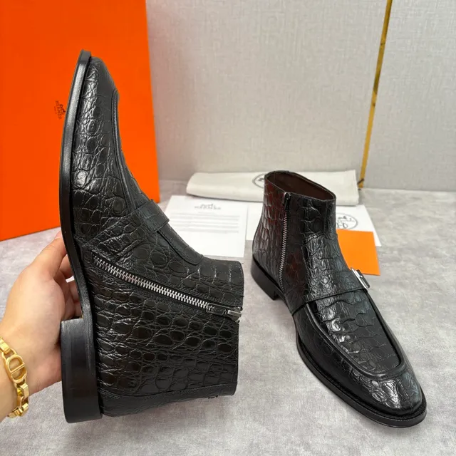 Hermès Monk Strap Ankle Boot Black Silver Crocodile-Embossed Leather Side Zipper Ankle Boots