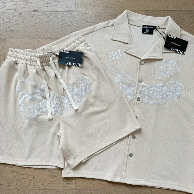 Mixed Emotion Script Logo III Black Collared Shirt and Shorts Casual Set