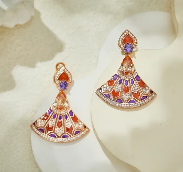 Fan-Shaped Enamel and Gemstone Drop Earrings