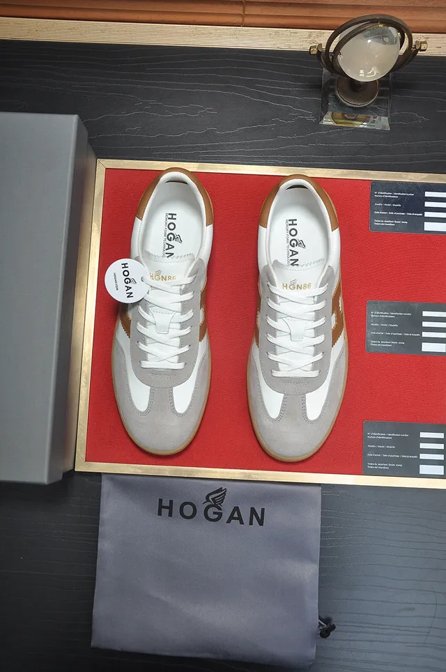 Hogan White Brown Mixed-Material Upper Gum Sole Lifestyle Sneakers