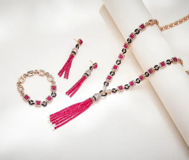 Pink Gold Tassel Faceted Bead Strands Earrings
