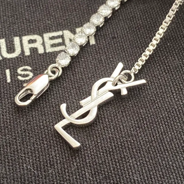 Saint Laurent YSL Chain Silver White Pavé-Set Stone Monogram Clasp Necklace