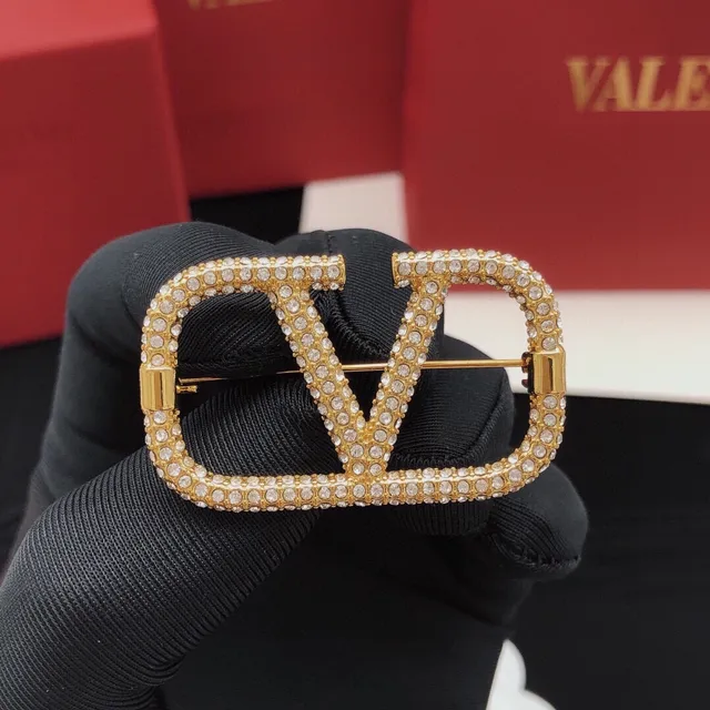 Valentino Gold Black Pavé-Crystal VLOGO Monogram Brooch