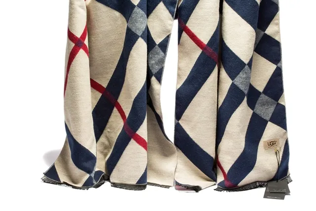 UGG Beige Navy Plaid Pattern Woven Texture Shawl