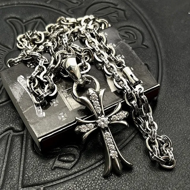 Chrome Hearts Silver Black Gothic Cross Pavé Crystal Necklace
