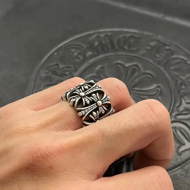 Chrome Hearts Floral Cross Pavé Oxidized Silver Ring