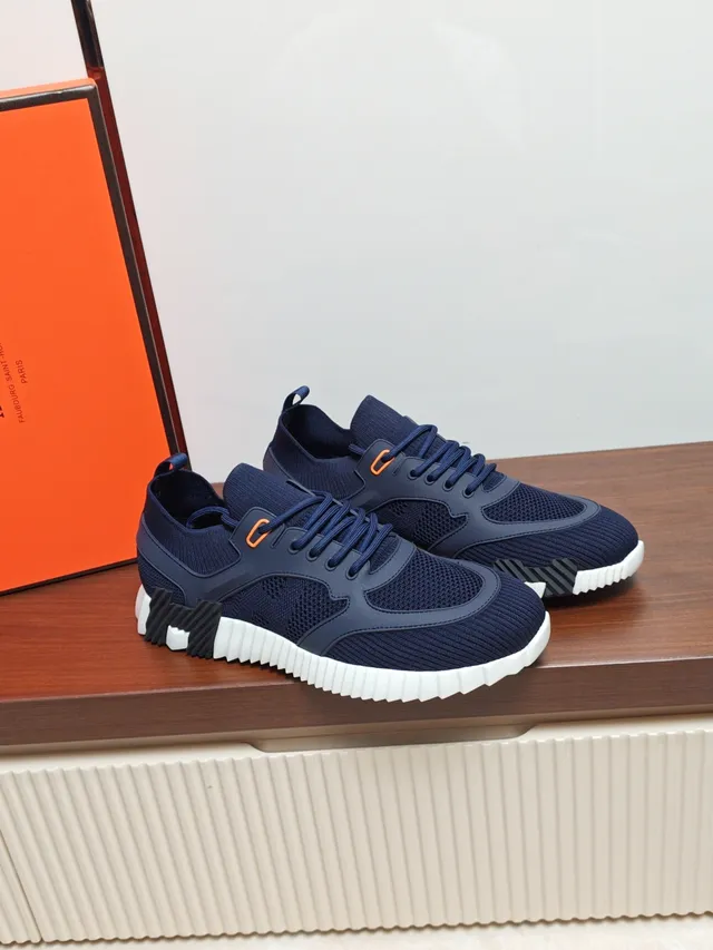 Hermès Navy White Knit Upper Sculpted Midsole Sneakers
