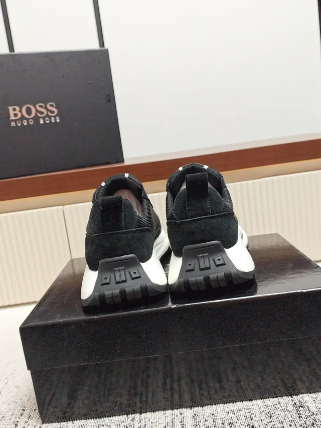 Hugo Boss Black White Suede And Mesh Upper Gold Metallic Logo Sneakers