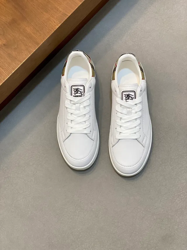 Burberry White Beige Minimalist Leather Check-Print Heel Tab Lifestyle Sneakers