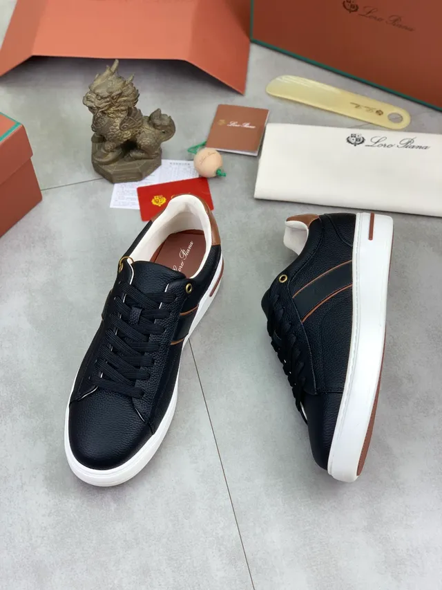 Loro Piana Black Pebbled Leather White Sole Lifestyle Sneaker