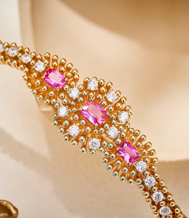 Gold Pink Twisted Rope Band Three-Cluster Floral Motif Bracelet
