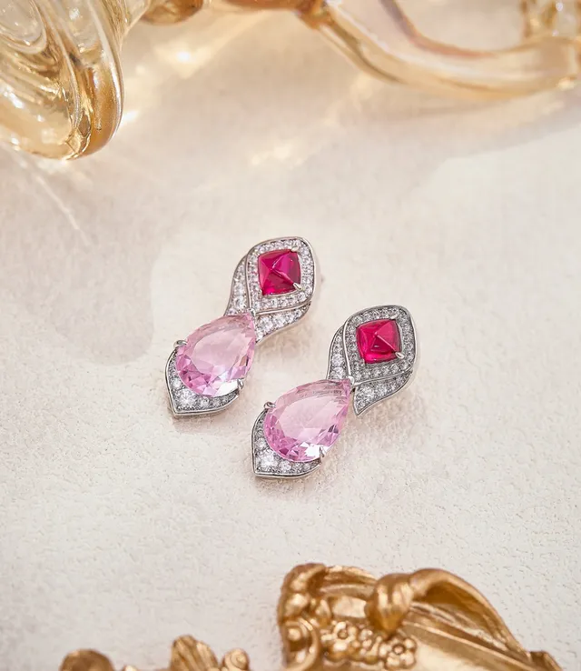 Red Pink Two-Stone Drop Pavé Diamond Halo Earrings