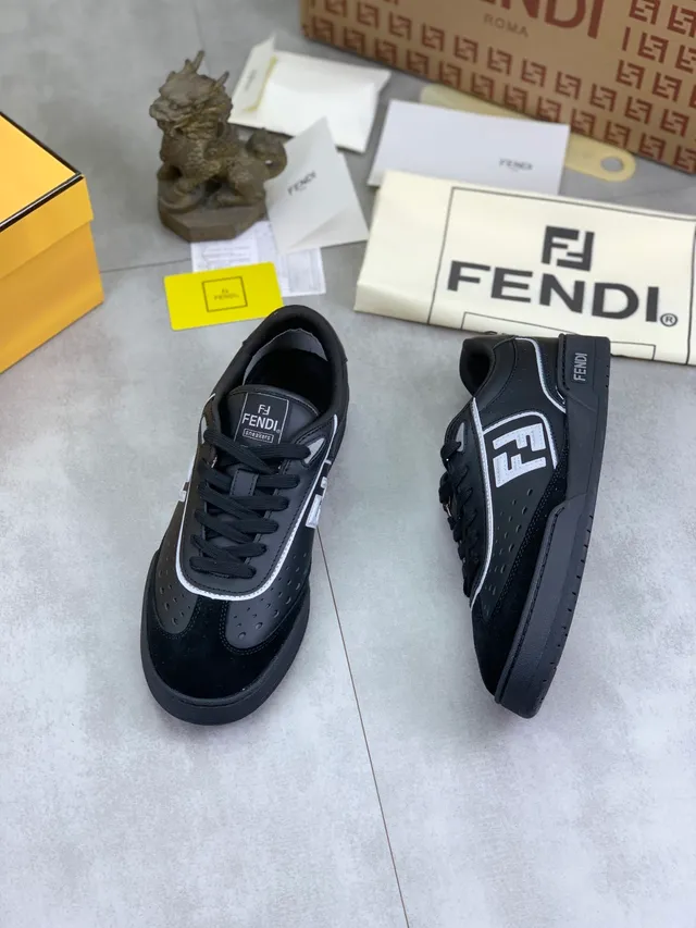 Fendi Black White Perforated Suede And Leather Upper FF Logo Accent Lifestyle Sneakers