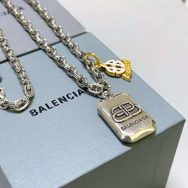 Balenciaga Multi-Charm Necklace Silver Gold Chunky Link Chain Rectangular Engraved Pendant Necklace