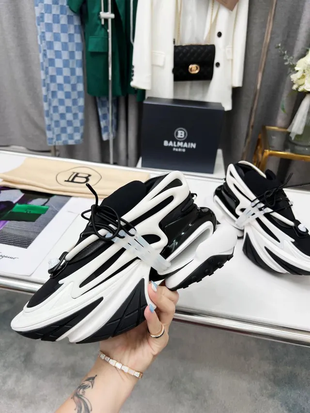 Balmain B-Court Black White Platform Sole Layered Construction Chunky Sneakers