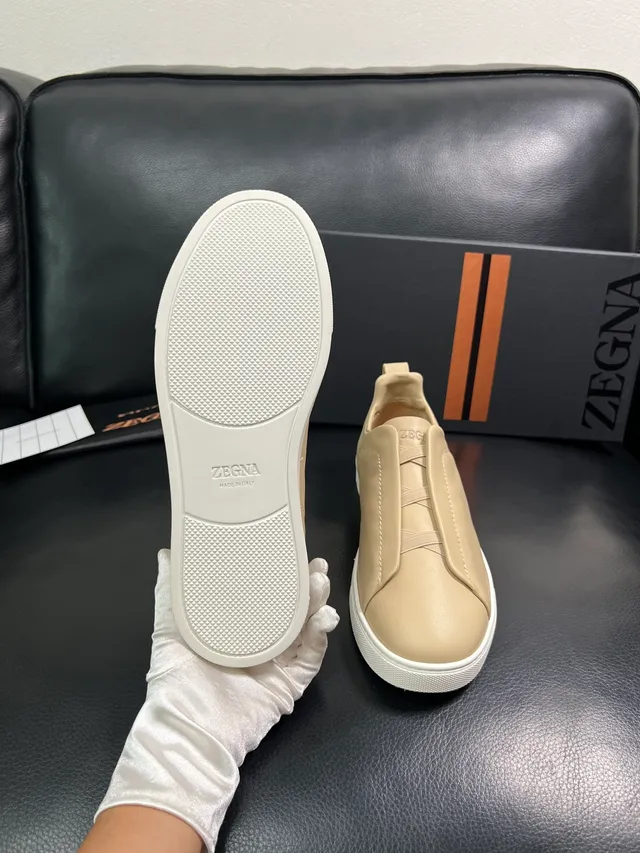 Zegna Beige Leather Slip-On White Sole Sneakers