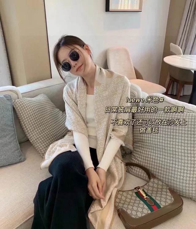 Loewe Monogram Beige and White Cashmere Scarf