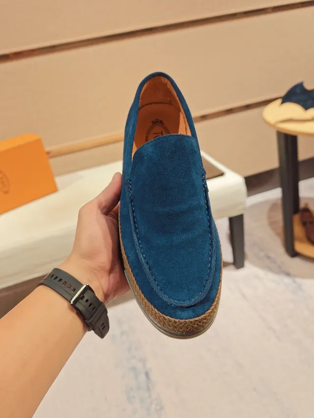 Blue Beige Suede Upper Braided Jute Sole Trim Loafer