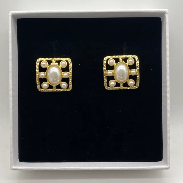 Celine Pearl-Embellished Square Stud Earrings