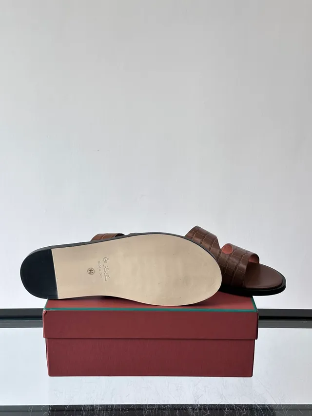 Loro Piana Croc-Embossed Two-Strap Slide Casual Sandals