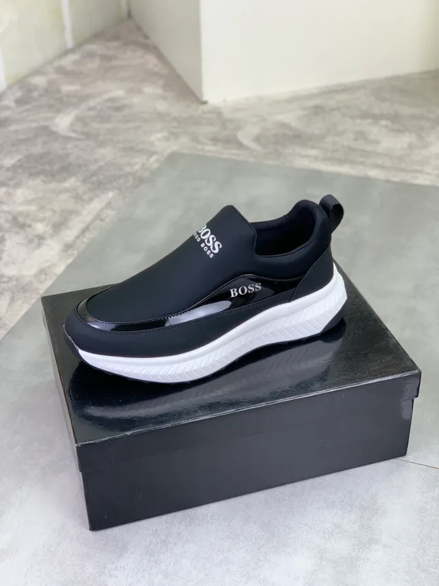 Hugo Boss Black White Slip-On Glossy Stripe Detail Lifestyle Sneakers
