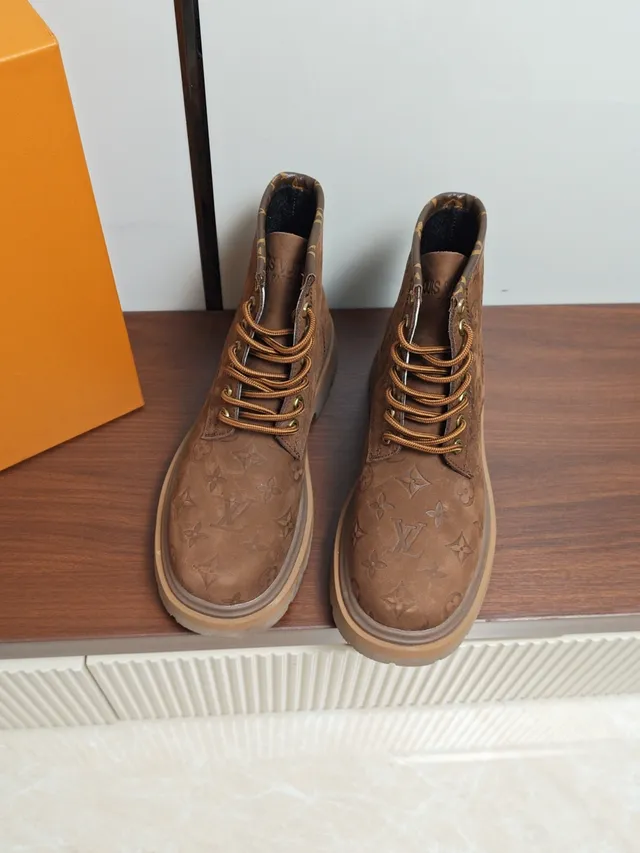 Louis Vuitton Brown Beige Monogrammed Suede Chunky Lug Sole Work Boots