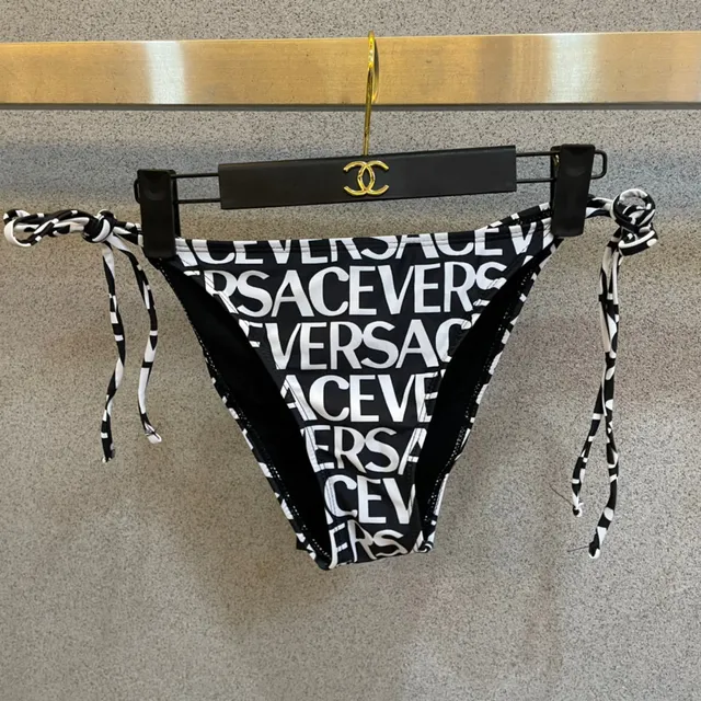 Versace Logo Print Black White Halter Triangle Top Swimwear