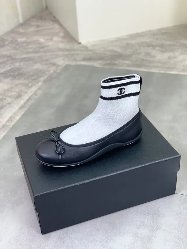 Chanel Black White Sock-Fit Knit Upper Leather Toe Cap Ballet Flat