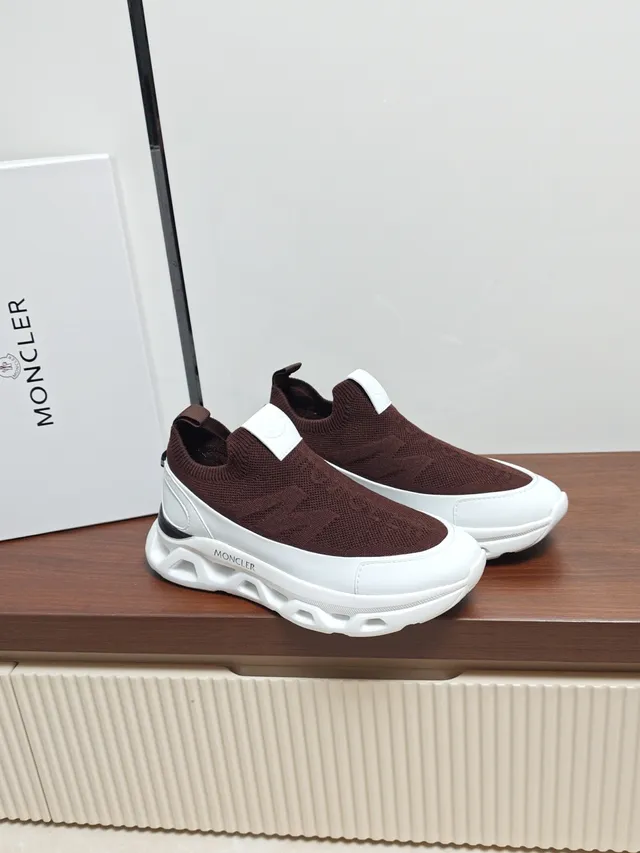 Moncler Brown White Slip-On Knit Upper Sculpted Midsole Lifestyle Sneakers