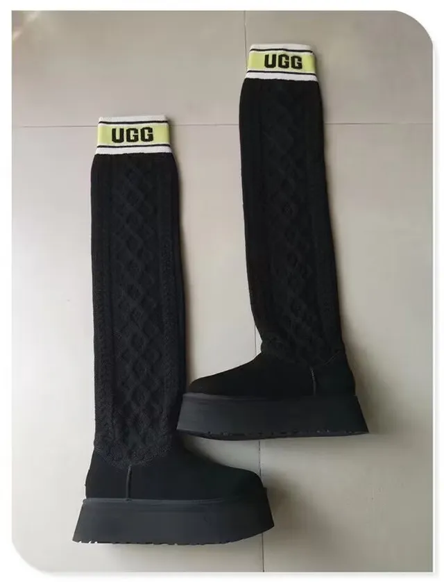 UGG Classic Black Yellow Platform Sole Ruched Knit Leg Warmer Knee Boots