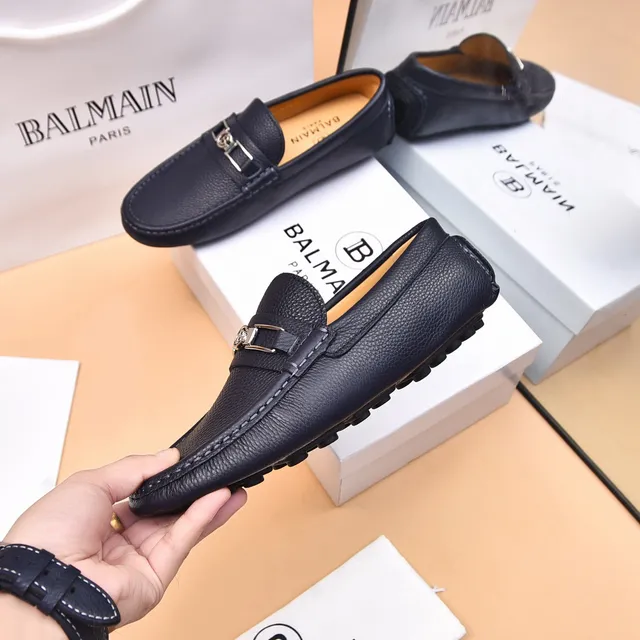 Balmain B-Court Black Beige Pebbled Leather Metal Buckle Loafer