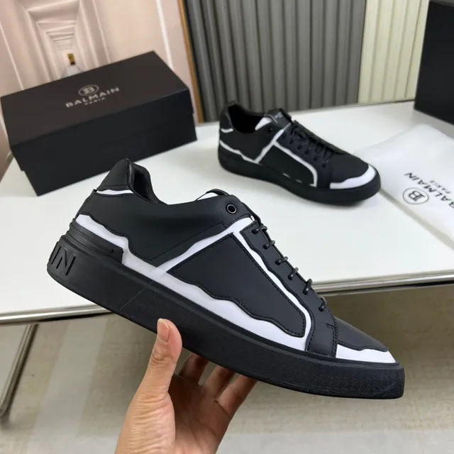 Balmain Black White Structured Leather Upper Asymmetrical Wave Paneling Lifestyle Sneakers