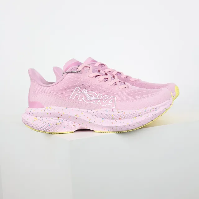 Hoka Pink Yellow Knit Upper Speckled Midsole Running Shoes