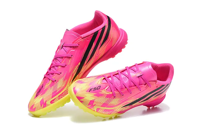 Adidas Pink Yellow Low-Profile Synthetic Upper Asymmetrical Lacing Artificial-Grass Soccer Shoes