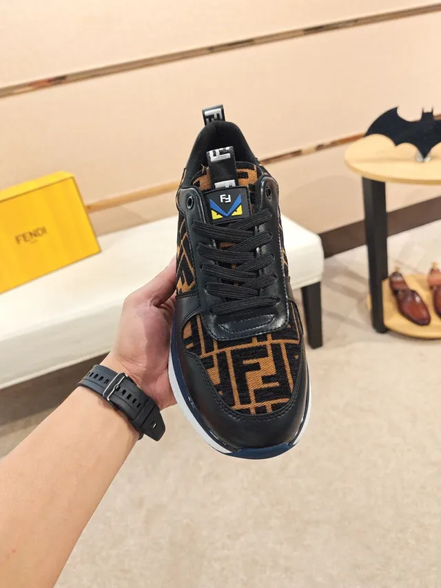 Fendi Black Brown Monogrammed Textile Upper Leather Overlays Chunky Sneakers