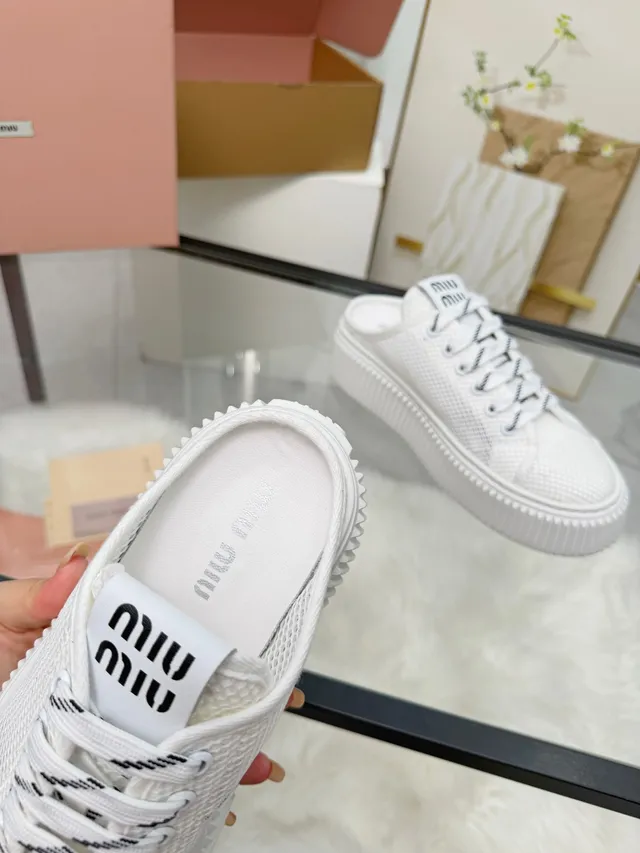 Miu Miu Platform Sneaker White Black Mesh Upper Ridged Sole Lifestyle Sneakers