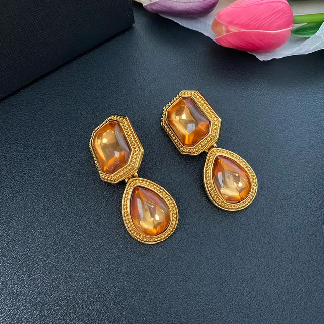 Saint Laurent Amber Resin Dual-Stone Drop Earrings
