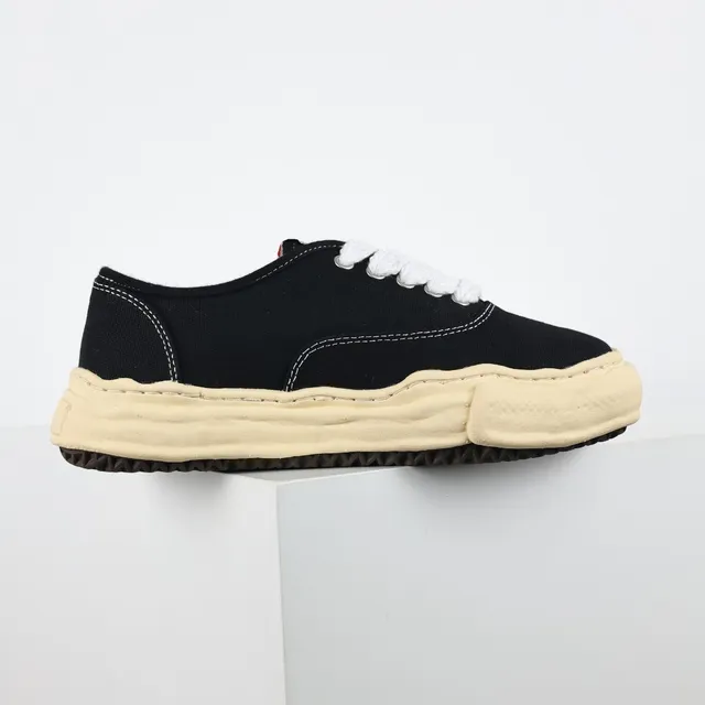 MMY Black Beige Canvas Upper Sculpted Cream Midsole Sneakers