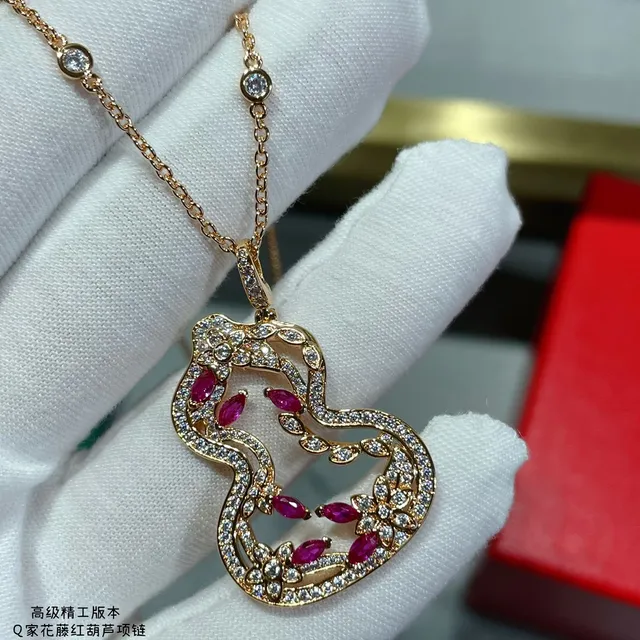 Gold Red Openwork Gourd Pendant Pavé White Stones Necklace