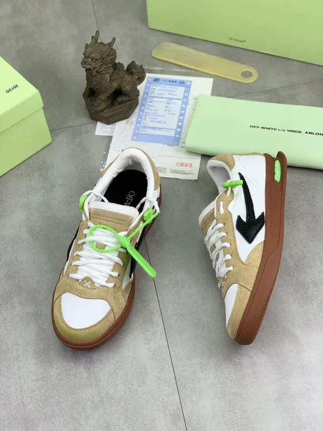 Off-White Beige Green Low-Top Suede-and-Leather Panelled Lifestyle Sneakers