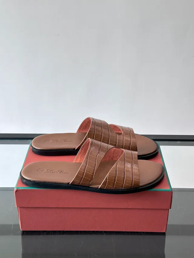 Loro Piana Croc-Embossed Two-Strap Slide Casual Sandals