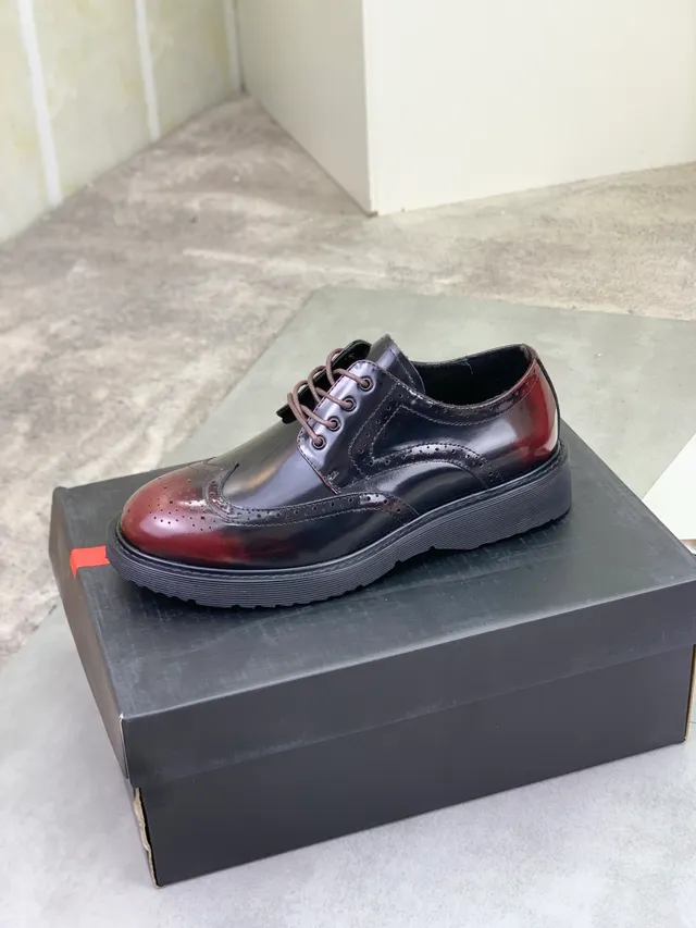Prada Burgundy Black Two-Tone Polished Leather Wingtip Brogue
